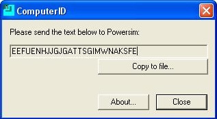 Computer ID interface with a sample of license activation code for PSIM trial